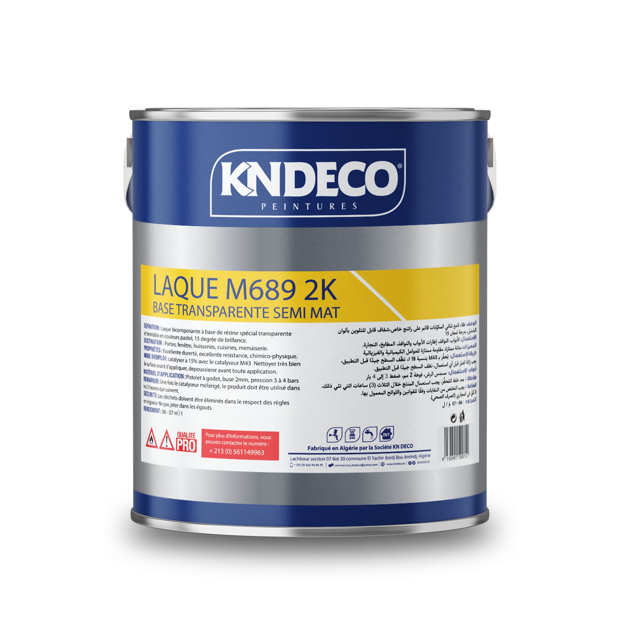 Bidon de laque 2K semi-mate transparente M689 KNDECO, teintable pour menuiserie bois