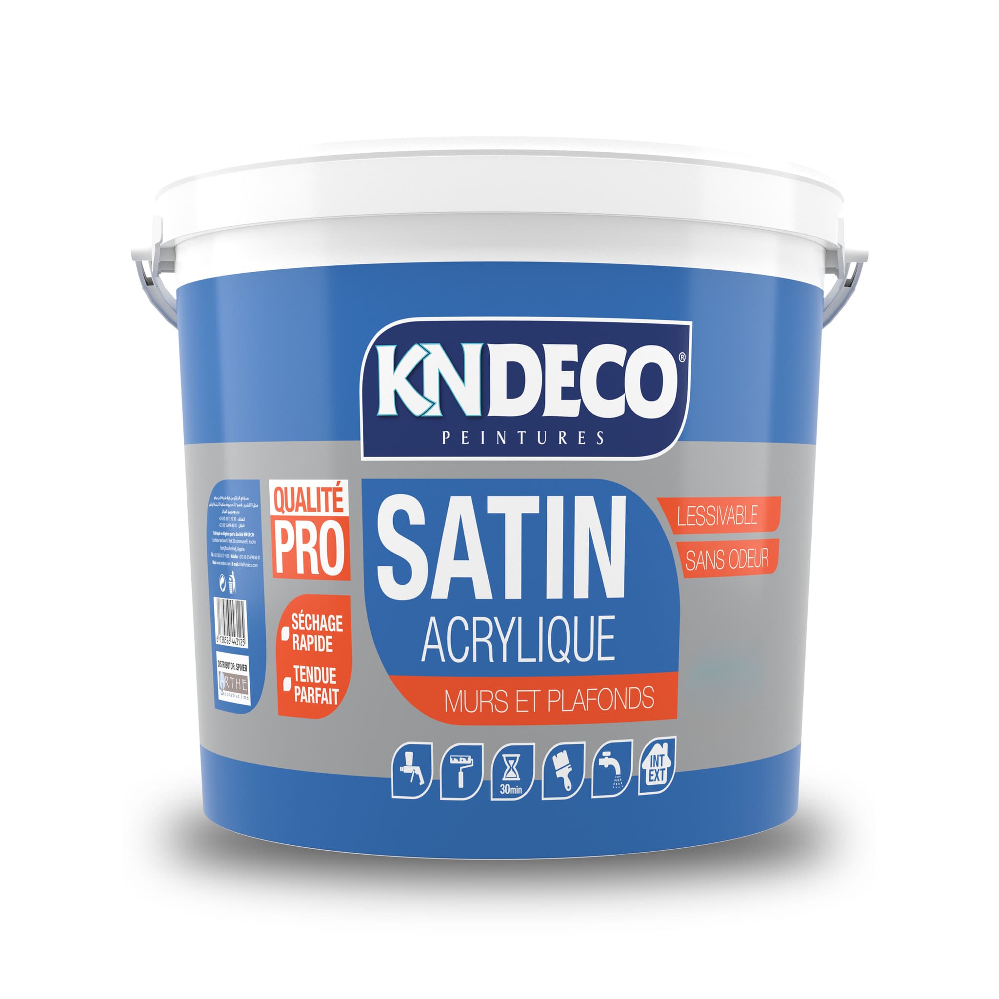 Bidon de peinture satinée acrylique KNDECO pour murs et plafonds, fabriquée en Algérie